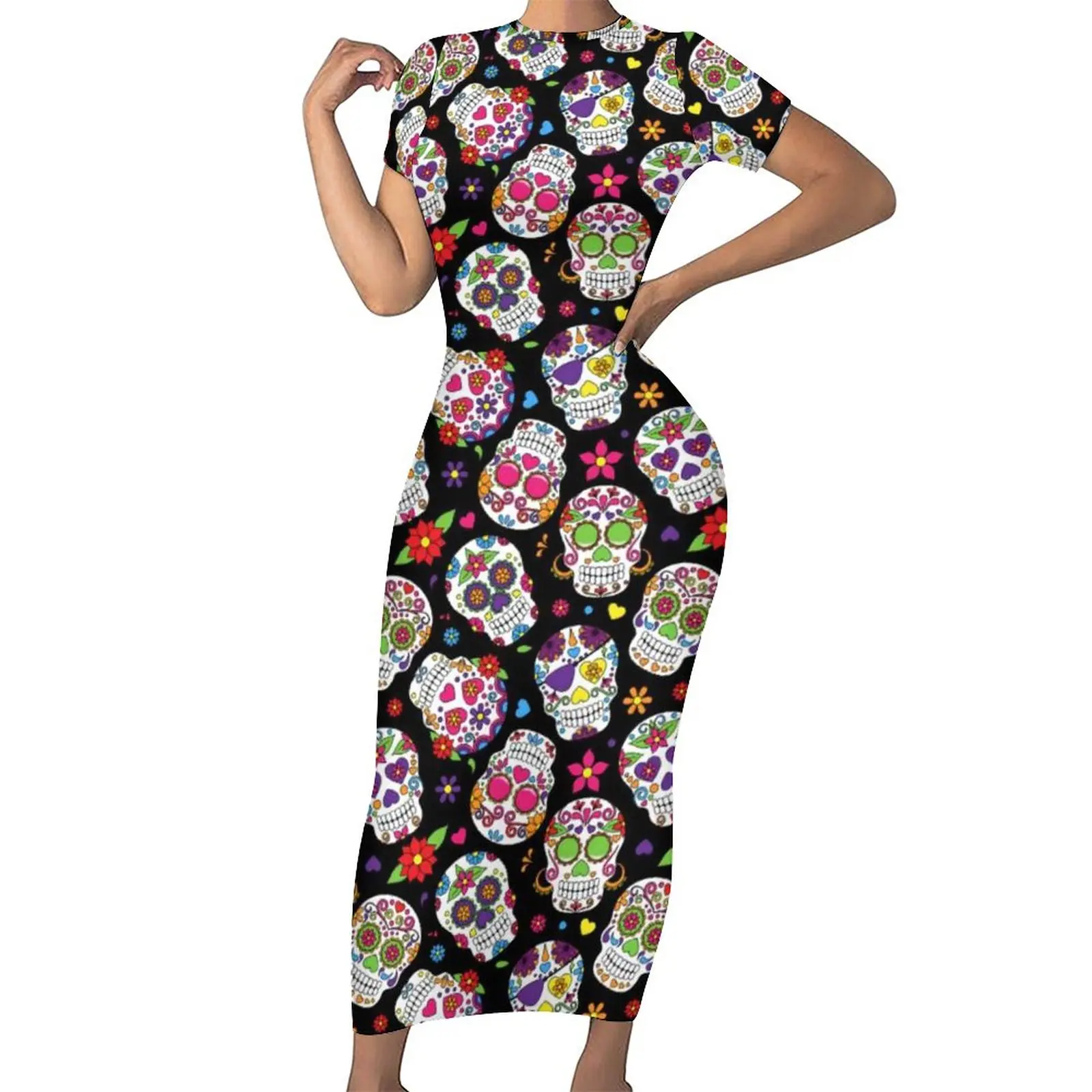 Mexican Sugar Skull Dress Colorful Skulls Floral Print Fashion Maxi Dresses Modern Bodycon Dress Womens Custom Oversized Vestido