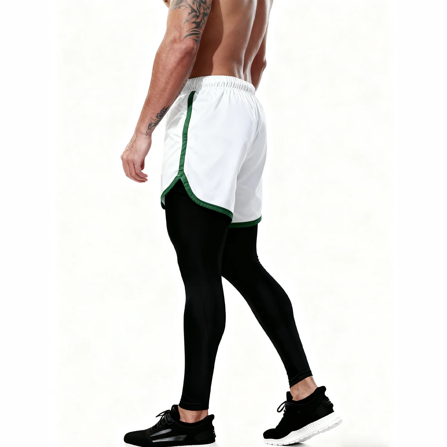 Men's Compression Leggings 2‑Pieces Workout Set with Mesh Running Shorts Quick Dry High Elastic for Jogging Training Fitness