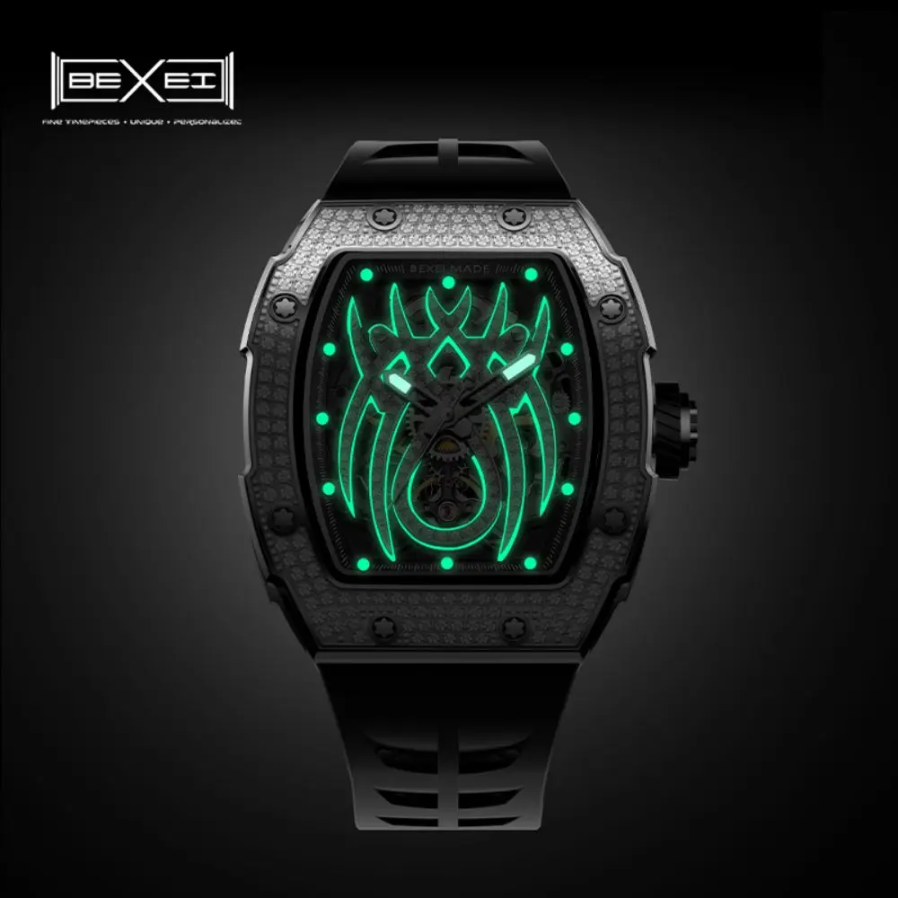 BEXEI-relojes mecánicos automáticos para hombre, accesorio de lujo con incrustaciones de circonita, zafiro en forma de barril, luminoso, resistente al agua, 80 horas de potencia, 9163