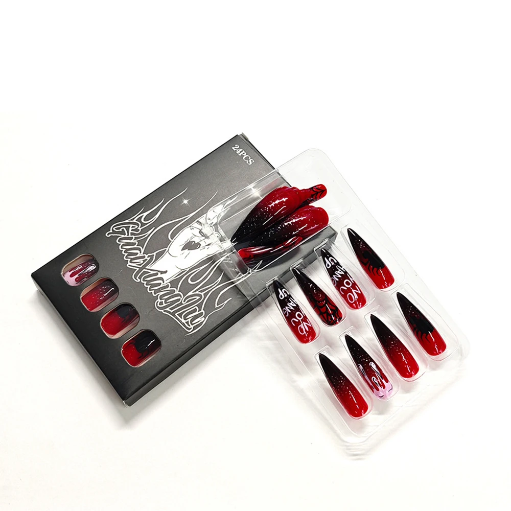 24 ชิ้น Cool ฮาโลวีนเล็บปลอมยาวอัลมอนด์กดบนเล็บสีแดงสีดํา Cool สาวฮาโลวีนตกแต่งเล็บเคล็ดลับยาวเล็บปลอม