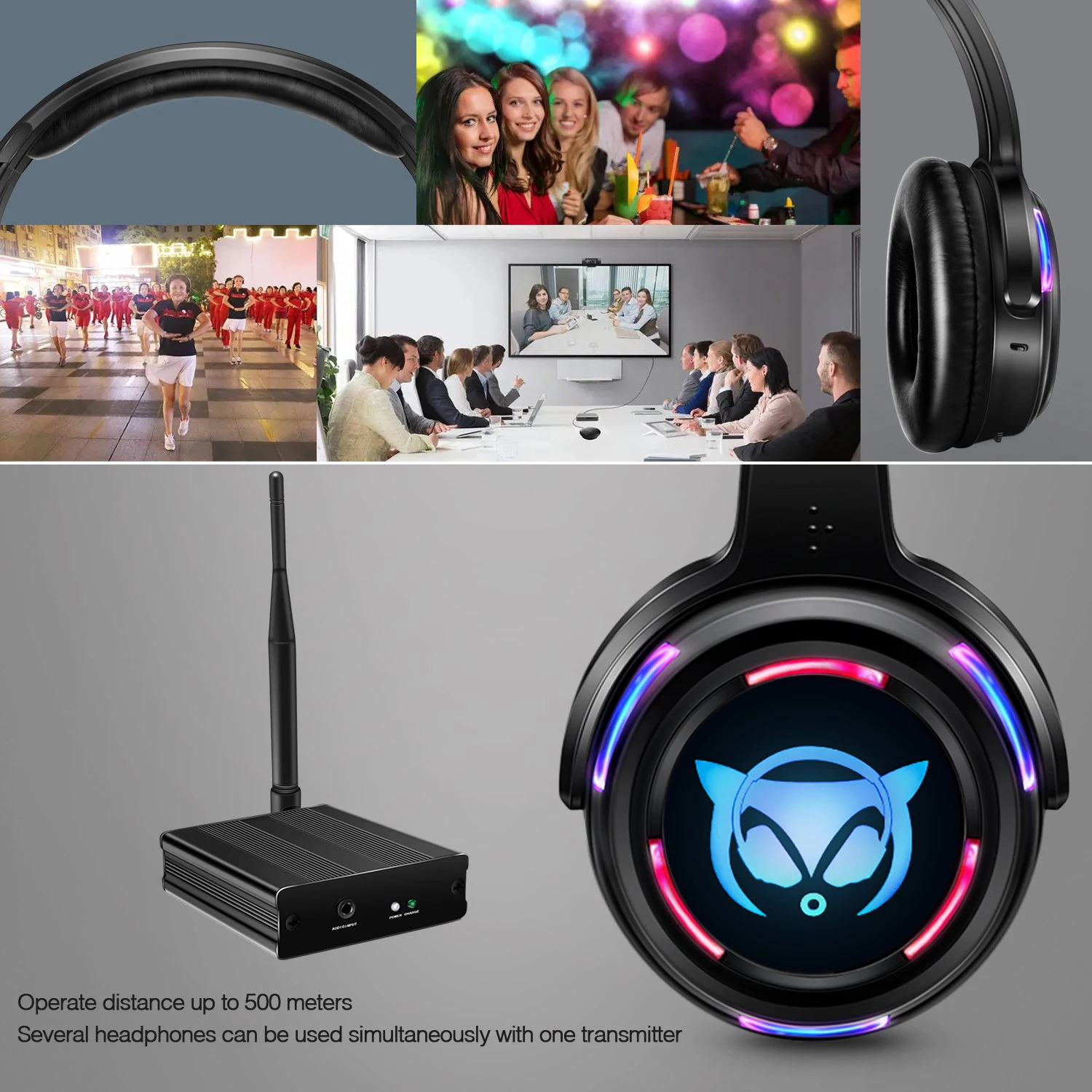 Rechargeable Silent Disco LED Wireless Headphones With Light LOGO Bundle  with 10pcs Headsets 1 Transmitter