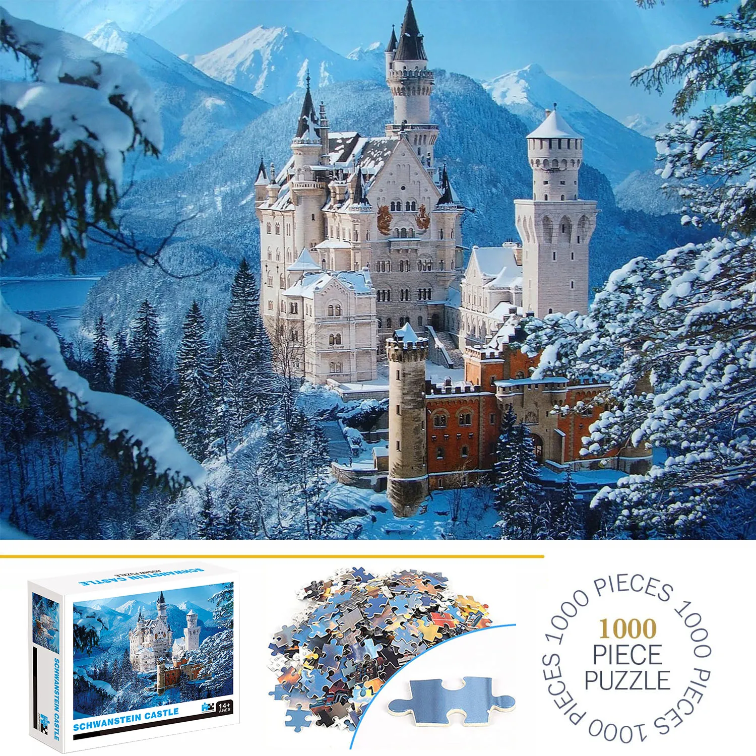 1000 Pieces Schwanstein Castle Jigsaw Puzzles for Adults Home Decor Games Family Fun Floor Puzzles Educational Toys for Kids