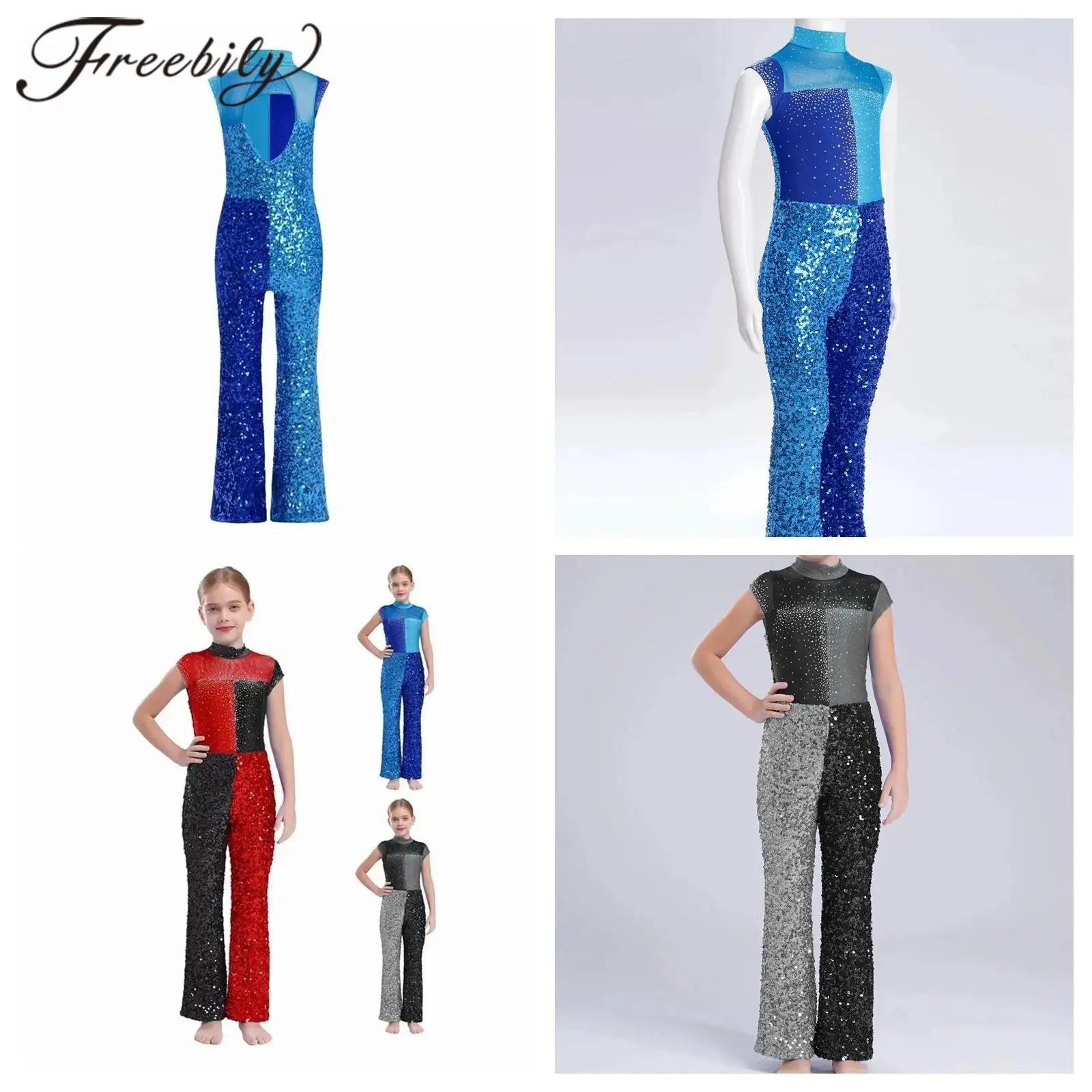 

Детский костюм для джазовых танцев с цветными блоками для девочек, боди без рукавов, детский гимнастический комбинезон с блестками, танцевальная одежда для выступлений