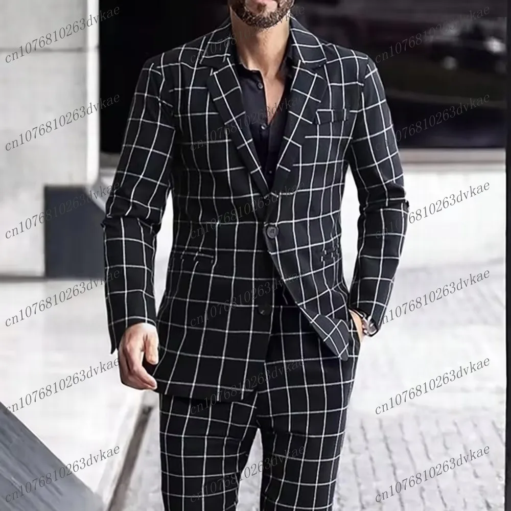 

New Black Plaid Men Suit Groom Groomsman Wedding Party Formal Business Prom Male Tuxedos 2 Piece Set Blazer Pants