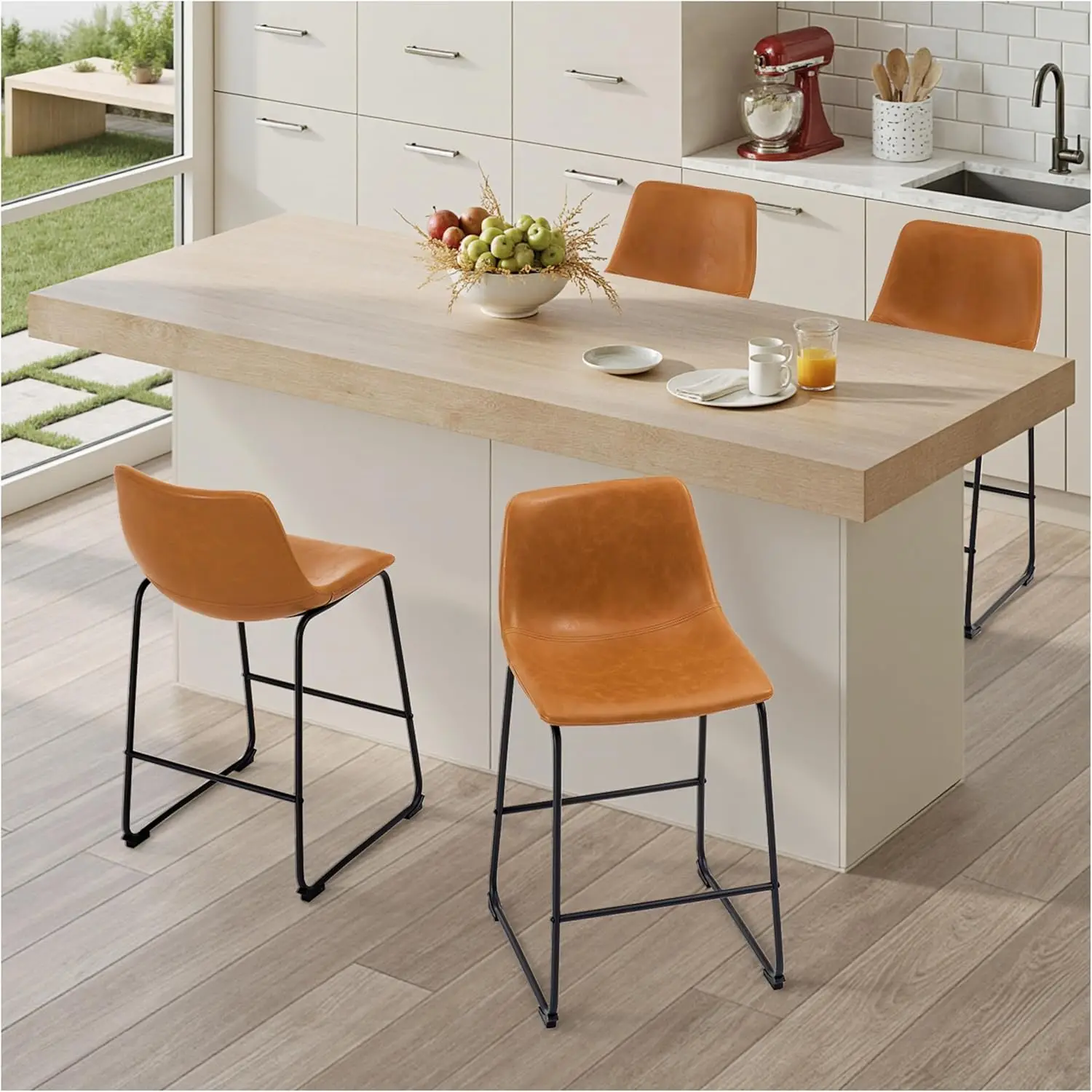 26 Inch Bar Stools Set of 4, Modern Crazy Horse Leather Counter Stools with Back, Whiskey Brown