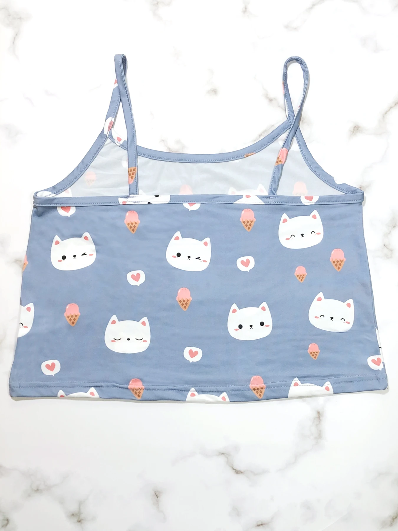 Allover Prints Cartoon Cat Women Pajamas Set Summmer Sleepwear Sleeveless Spaghetti Strap Top & Pants Grey Blue Cute Casual