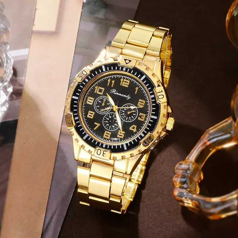 ساعة ذهبية فاخرة للنساء خاتم وقرط وحجر الراين ساعة يد عصرية غير رسمية للسيدات