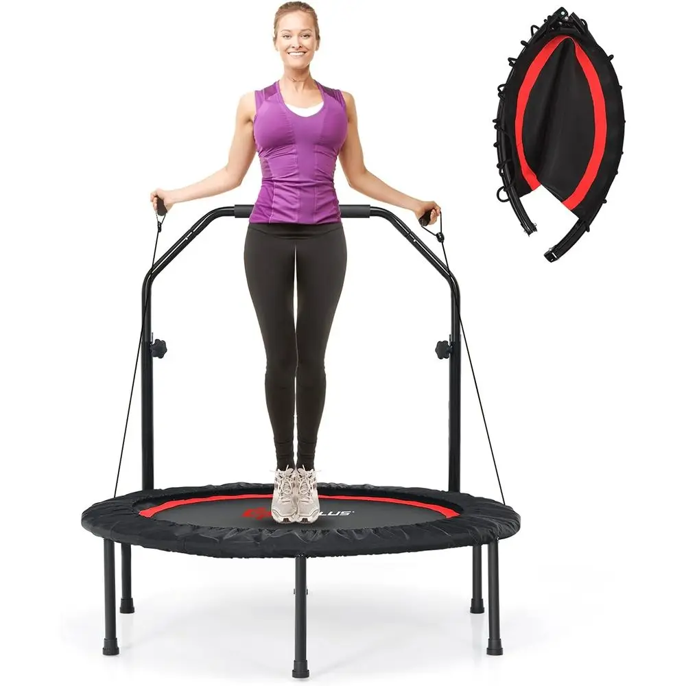Portable Mini Trampoline with 4-Level Height Adjustment, Safety Handrail, ResiBands, Suitable for Indoor and Outdoor Use, Ideal