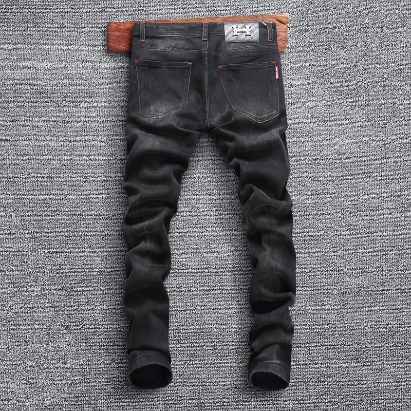 Streetwear Fashion Men Jeans Retro Black Gray Stretch Slim Ripped Jeans Men Patched Designer Hip Hop Elastic Denim Pants Hombre