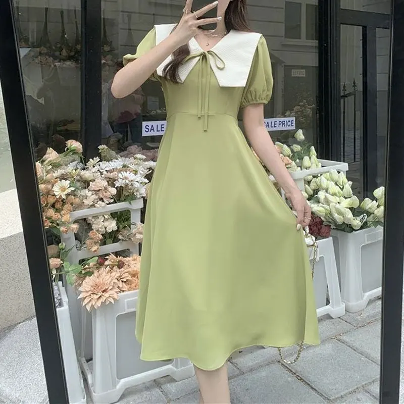 Fashion Drawstring Doll Collar Dresses Summer French Style Solid Color Women's Clothing A-Line Elegant Puff Sleeve Midi Dress
