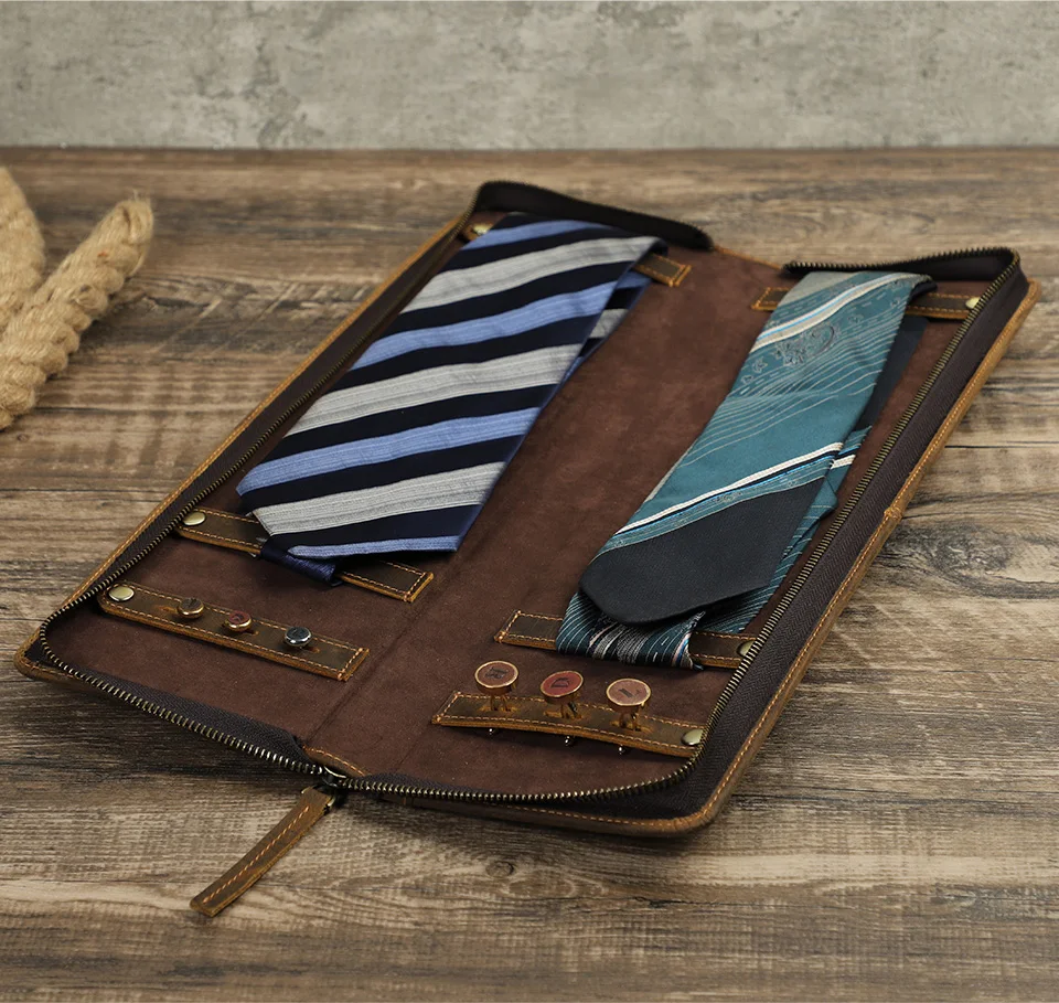 CONTACT'S FAMILIE Retro Leder Krawatte Organizer Box für Männer Krawatte Manschette Links Halter Reise Fall Lagerung Display Mäppchen Handgemachte – Detail 8