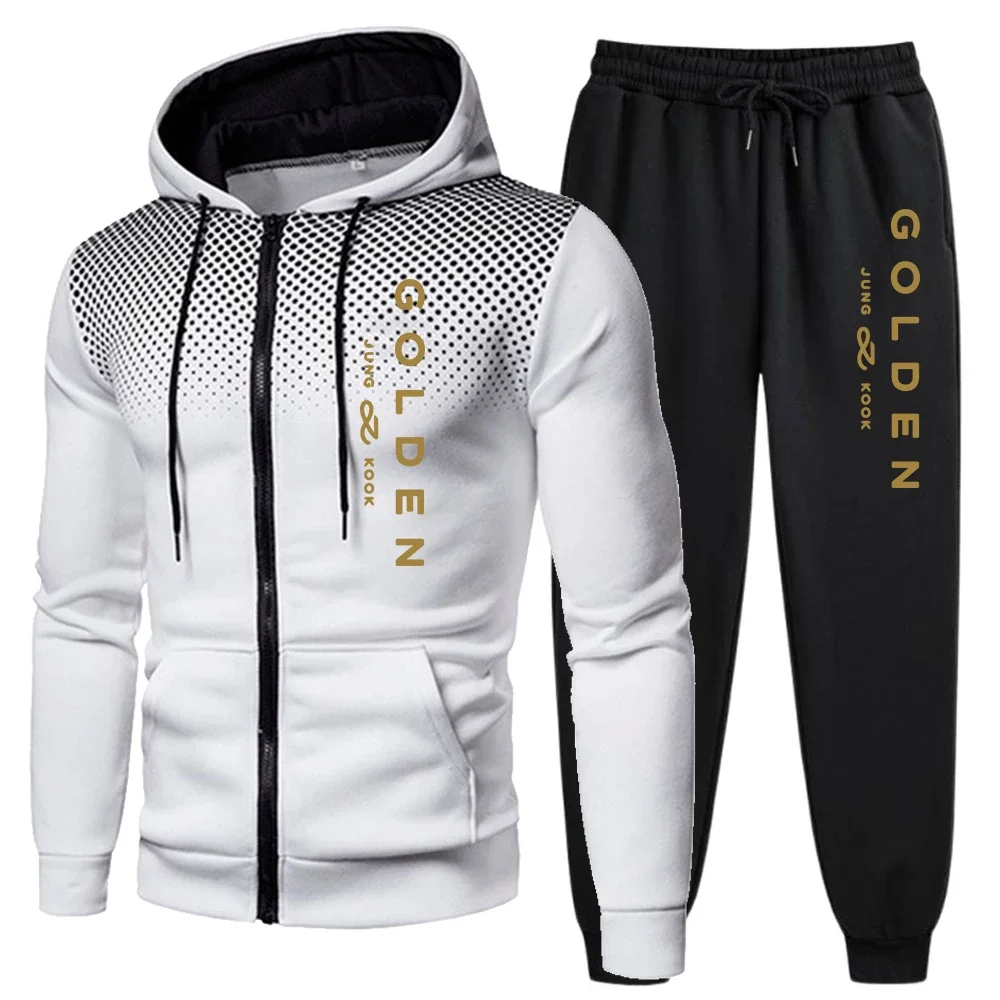 2025 Mens Tracksuits Print Casual Round Dot Zipper Hoodies+Jogging Pants 2 Pcs Set Mens Sweatshirt Coat Trend Quality Streetwear