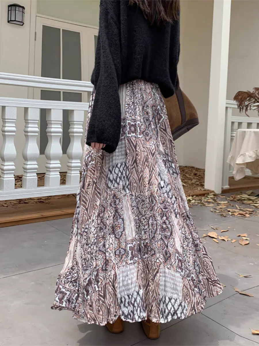 Plisowana spódnica midi z szyfonu w stylu vintage z kwiatowym nadrukiem - wysoka talia, podkreślająca figurę spódnica maxi w kształcie litery A z efektem zwiewności, nowość na jesień.