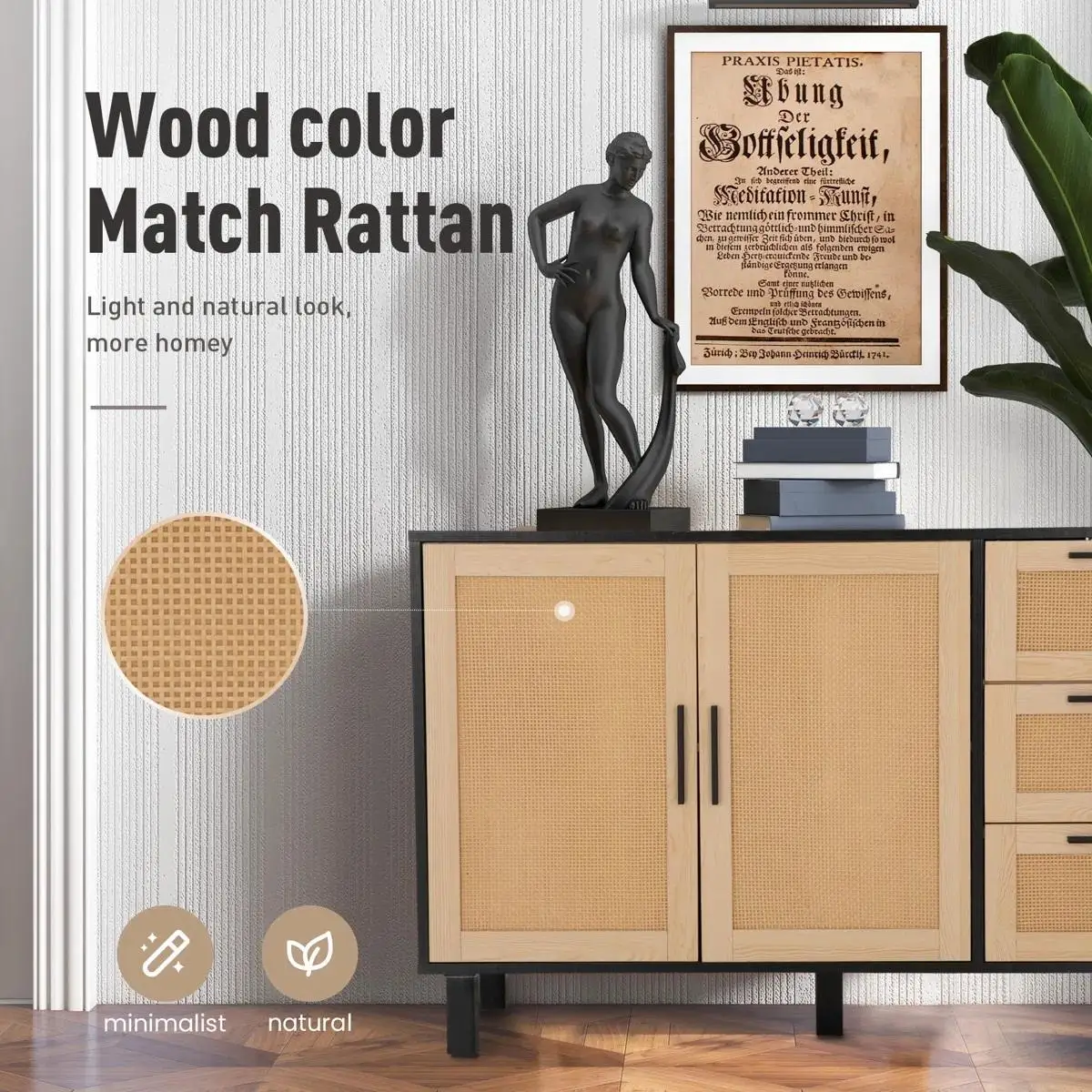 Z DU'S Modern Solid Wood Cabinets, Double Doors, Three Drawers, Large Capacity, With Rattan Decoration, Elegant And PracticalZ