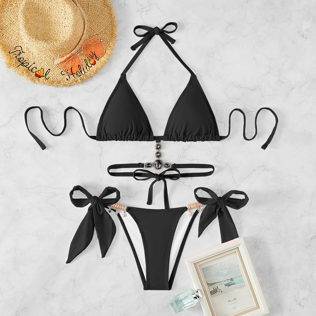 5 Farben, mit Strasssteinen besetzter Bikini, Damen-Badeanzug, zweiteiliges Bikini-Set, Badebekleidung, Badeanzug, Modell V8000. – Detail 20