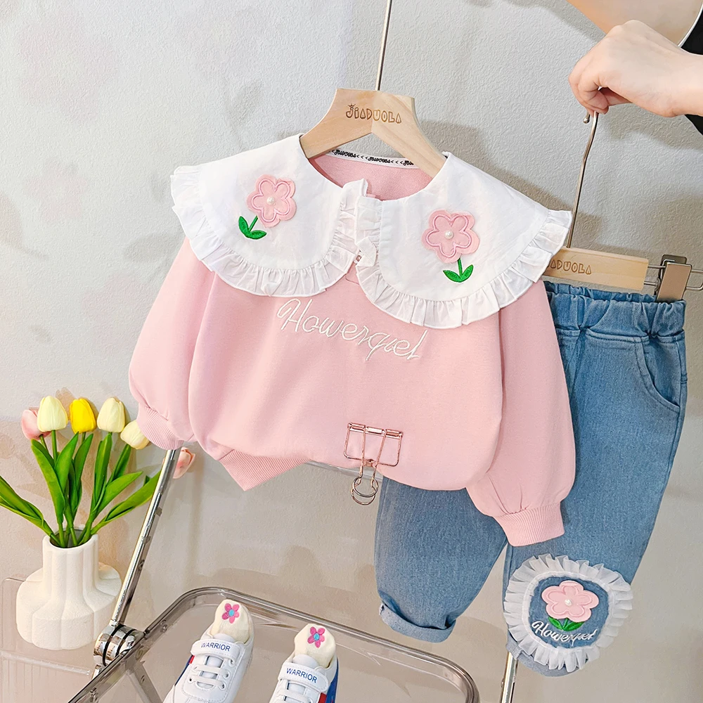 Baby Girls Clothing Sets 2023 Spring Kids Lace Floral T Shirt Jeans 2 Pcs Suits Infant Casual Clothes Outfits Children Costume