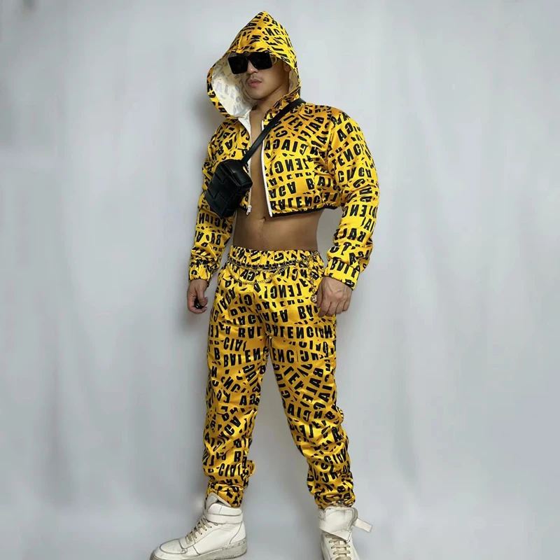 Hip-Hop Yellow Short Coat Pants For Men Nightclub Dj Ds Performance Wear Stage Show Jazz Dancer Costume Rave Outfits XS4232