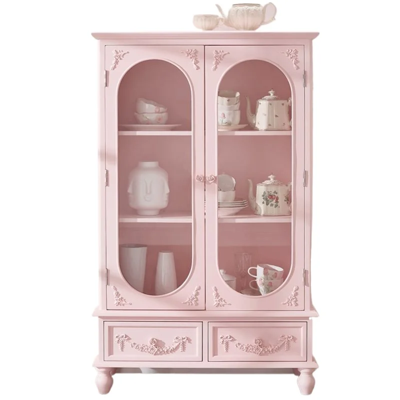 

French dining side living room retro European display cabinet, home floor dopamine pink double door cabinet