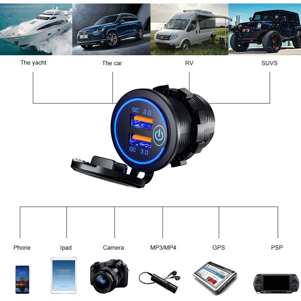 60W Quick Charge 3.0 Dual USB Car Charger Waterproof 12V/24V QC3.0 USB Fast Charger Socket Power Outlet with Touch Switch