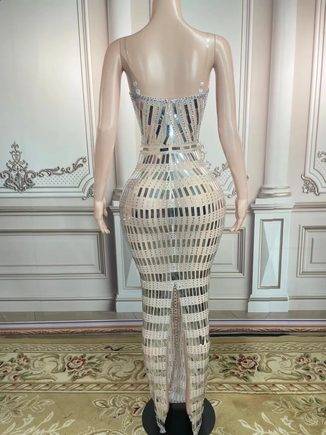 New Sparkly Silver Rhinestones Transparent Sleeveless Dress Prom Party Birthday Celebrate Stones Outfit Evening Singer Costume