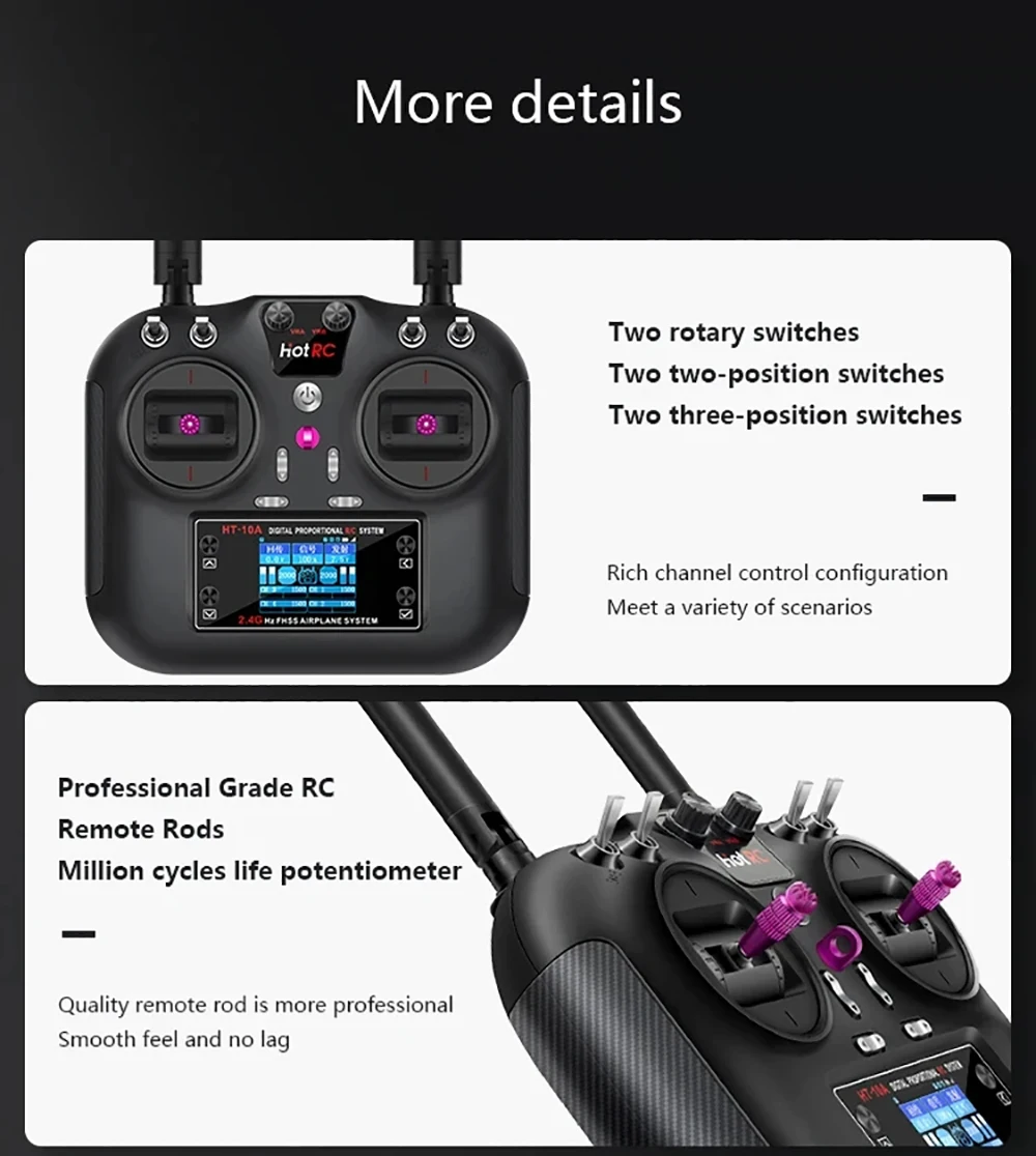 Transmisor HOTRC HT-10A RC 10CH 2,4G pantalla de 1,7 pulgadas con receptor de F-10A para aviones modelo RC barcos coche Drones Robots DIY