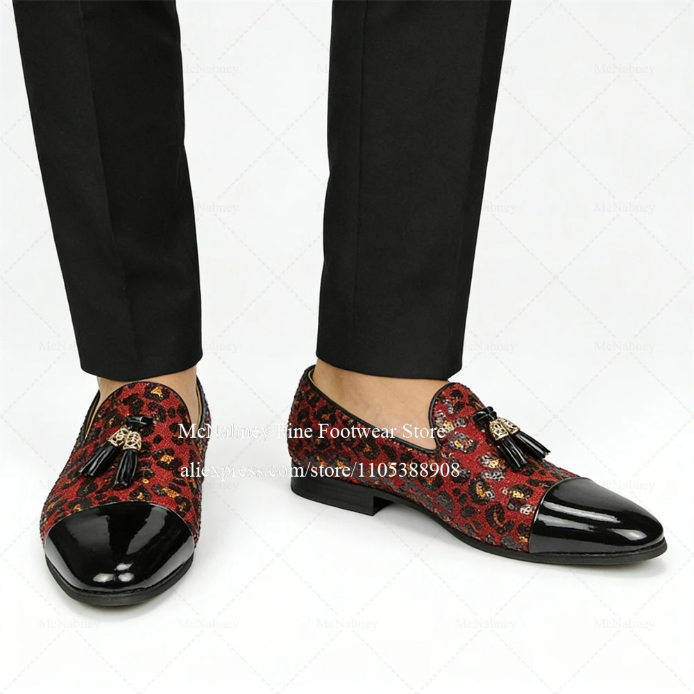 

Red Leopard Print Leather Loafers Handmade Black Patent Pointed Toe Sequins Tassel Decor Slip on Party Dress Shoes for Men