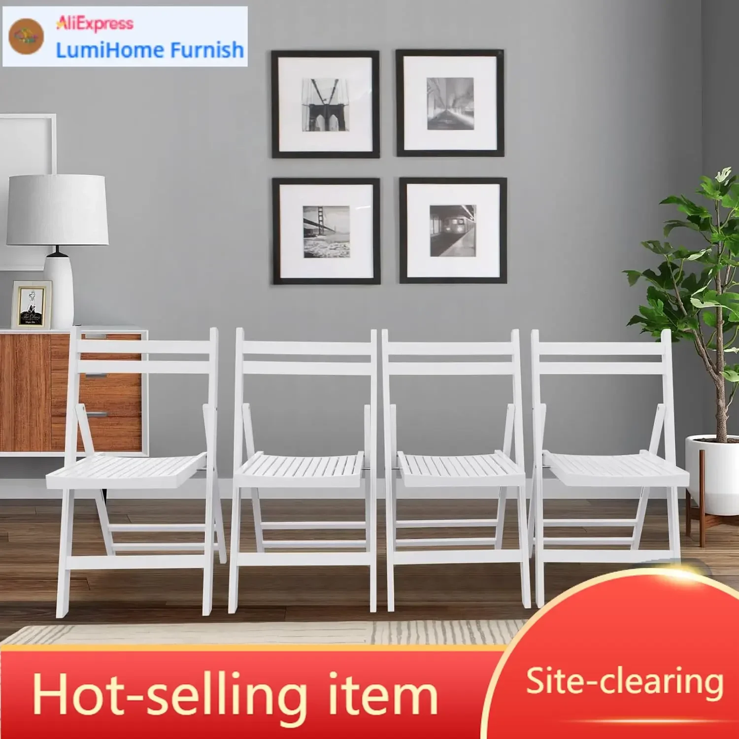 4 Pack Wooden Folding Chair, Foldable Dining Chair Set with Solid Wood Slatted Seat and Open Back, Outdoor/Indoor Portable Event
