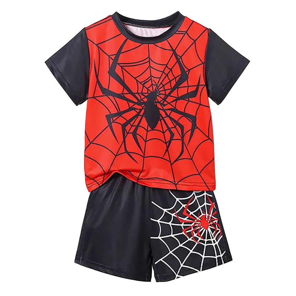 Casual And Playful Boys' Summer Sports Set Spider Design Quick Dry Elastic Short Sleeve Top And Shorts For Little Explorers