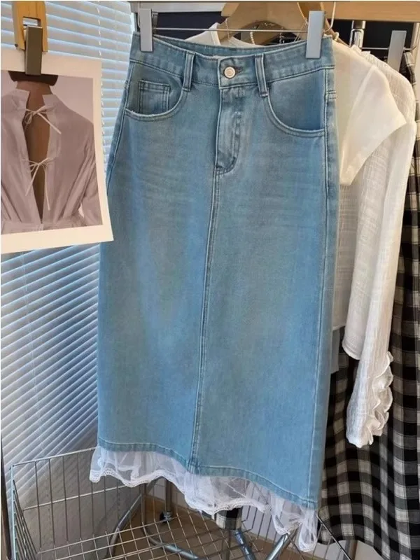 

High Waist A-Line Split Midi Skirt with Lace Trimming And Patchwork for Women Korean Sle Summer New Arrivals Slimming Effect