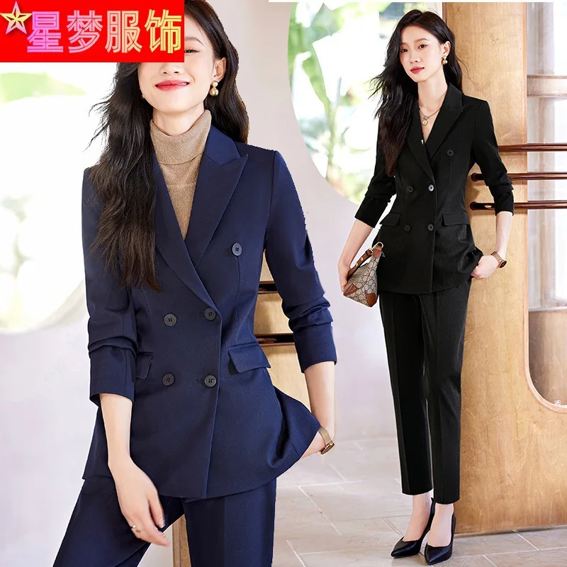 

6258High Sense Suit Women's Autumn and Winter New Business Suit Double Breasted Elegant Formal Clothes Long Sleeve Suit Suit