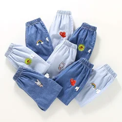 Summer Baby Girl Cartoon Embroidered Soft Jeans Cute Ice Silk Casual Pants for Kids