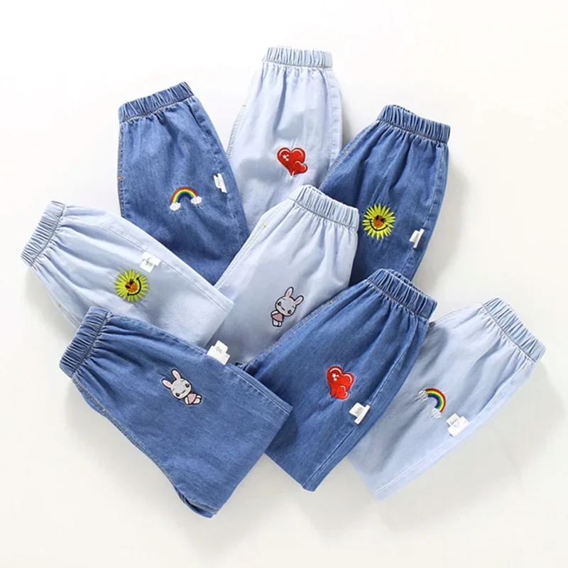 Summer Baby Girl Cartoon Embroidered Soft Jeans Cute Ice Silk Casual Pants for Kids