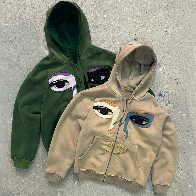 

Y2K men's spliced hooded jacket, long sleeved cardigan, zipper, PVD， Casual wear, Spring and Autumn fashion, 2025 big eyed guy