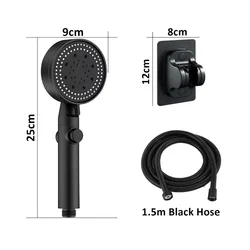 3-Piece Adjustable Black Shower Head, High Pressure Shower Head with 5 Modes, Wall Mounted Bracket and Hose, Water Saving