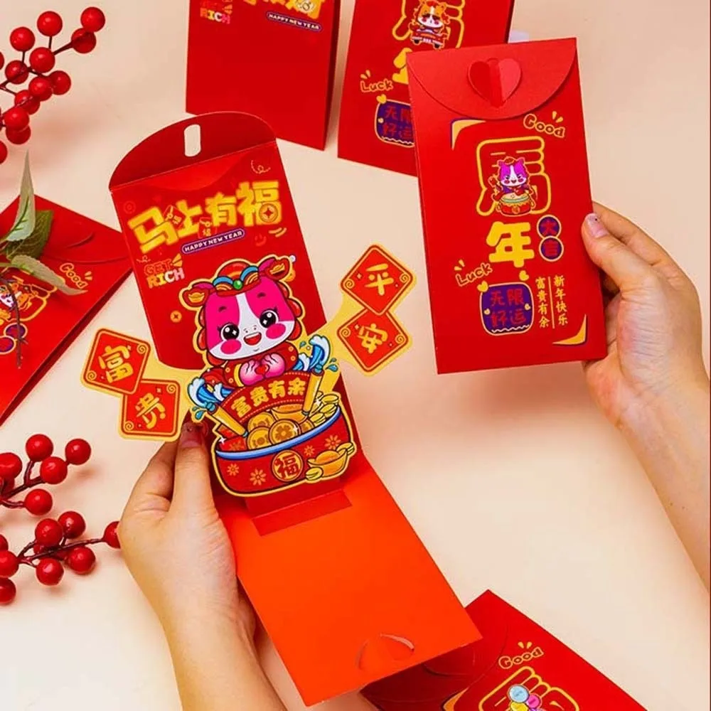 

Traditional 3D Red Envelope Year of The Horse Paper Hongbao Spring Festival Red Wallet Thickened Cartoon Lucky Money Packet