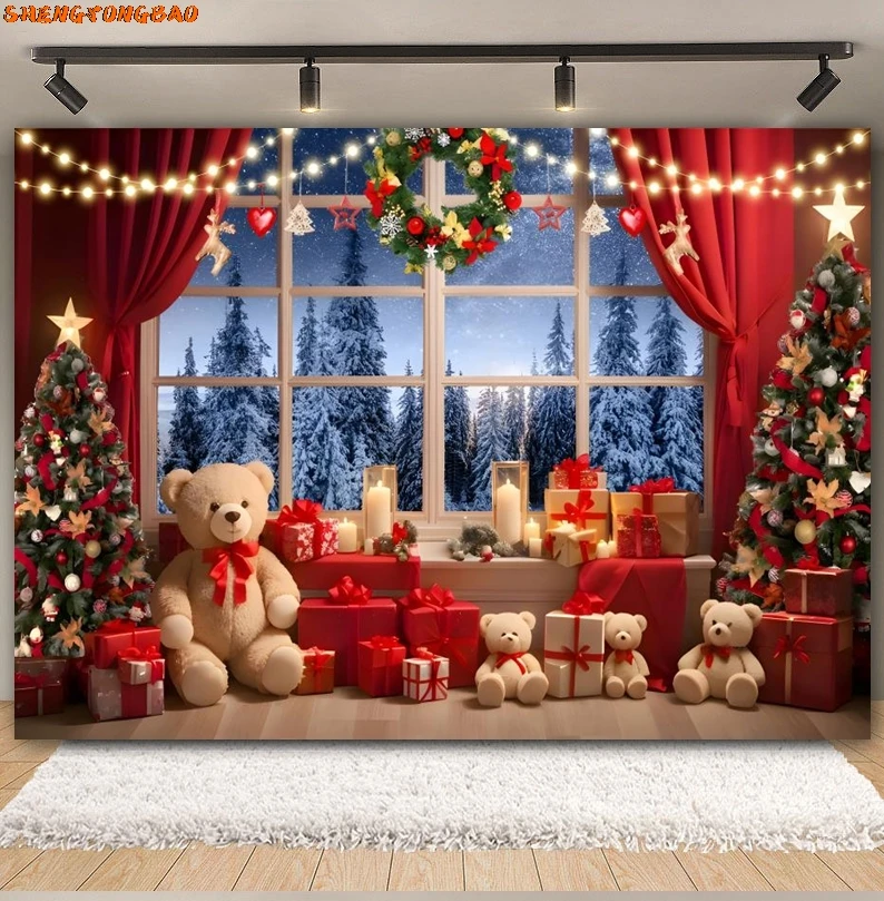 Toile de fond de photographie de fenêtre de Noël, décor de fond de famille adulte, accessoire de studio photo, arbre de Noël, cheminée, père Noël, fête de bébé