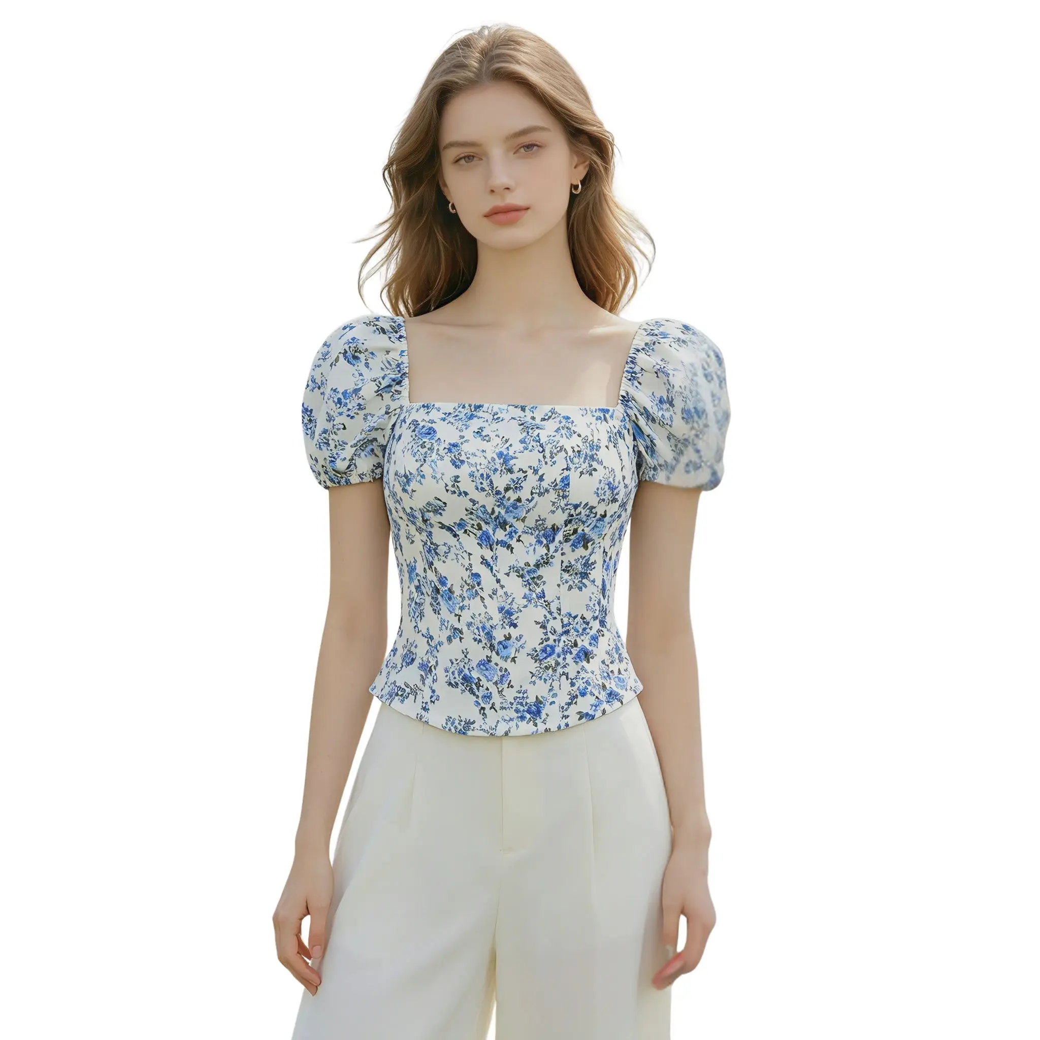 Women Square Neck Floral Corset Bustier Removable Puff Sleeves Back Lace Up Coquette Waist Cinching Crop Top