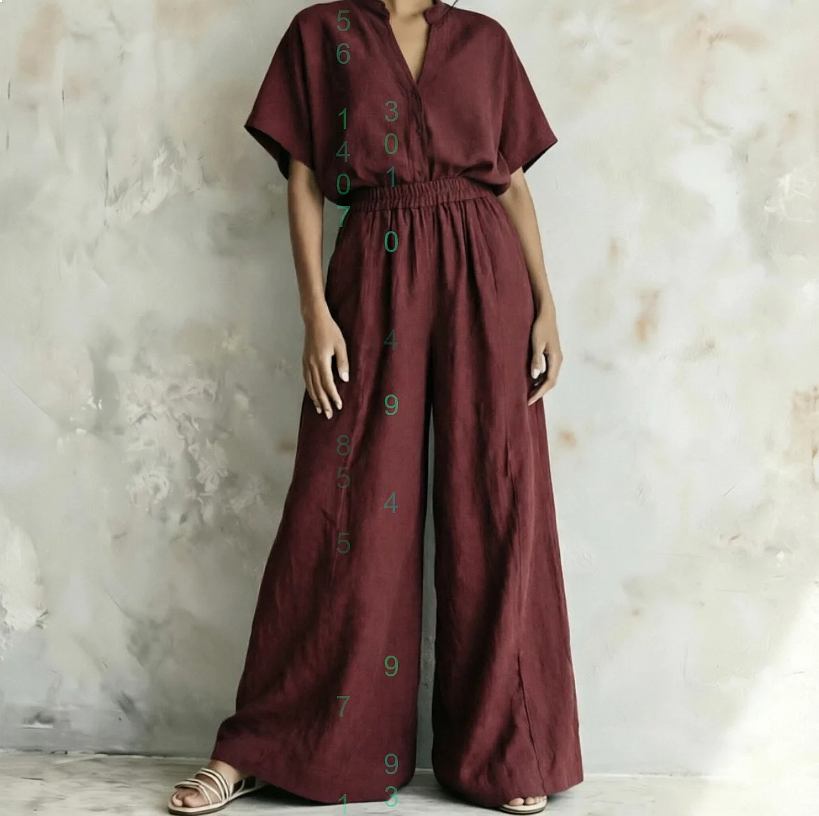 

Linen Blouse Top Short Sleeve Stand Collar Pleated Elastic Wide Leg Pants Matching Sets Women Suits