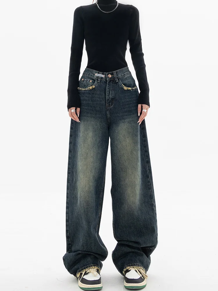 Y2K Women Vintage Streetwear Korean Baggy Blue Jeans High Waist Straight Wide Leg Pants Denim Trousers Fairy Grunge Alt Clothes