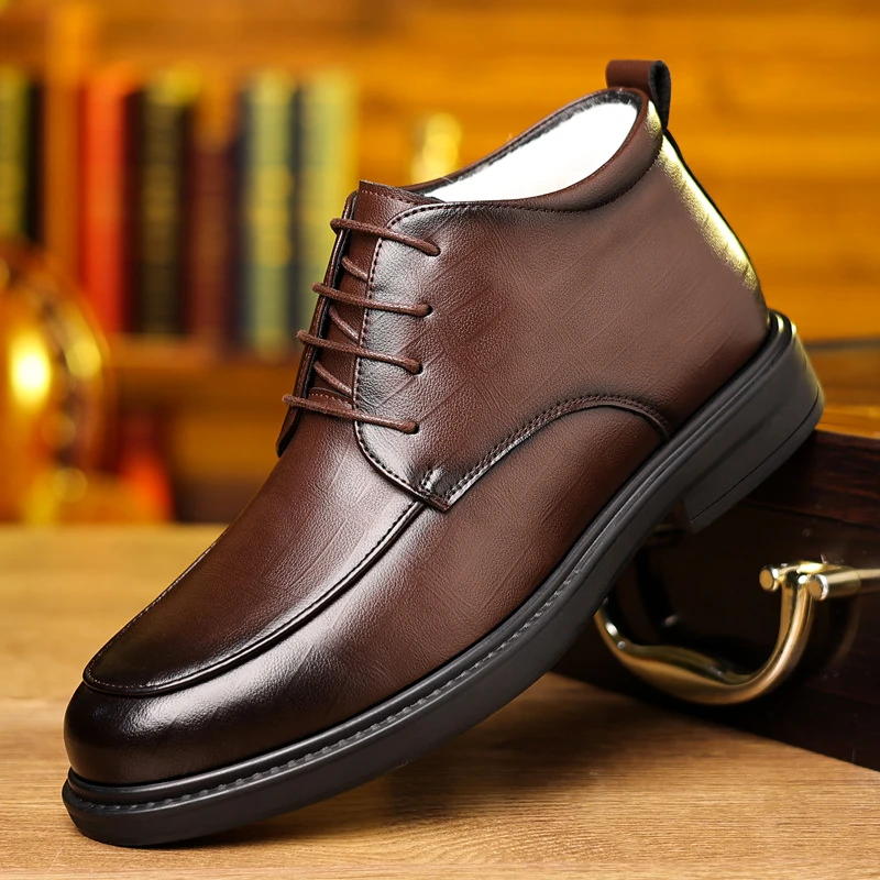 

High-Top Casual Leather Shoes Brown Genuine Leather Chukka Boots Lace Up Warm Winter Formal Shoes Comfortable Non Slip Classic