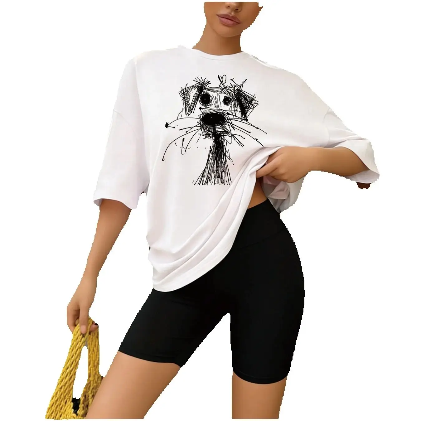 Two-Piece Set Including Hand-Drawn Graffiti Dog Print Oversized T-Shirt and Cycling Shorts - view 6