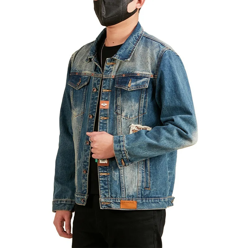 

Men American Streetwear Fashion Loose Casual Retro Denim Cargo Jacket Label Motorcycle Coat Cityboy Plus Size Jeans Jacket