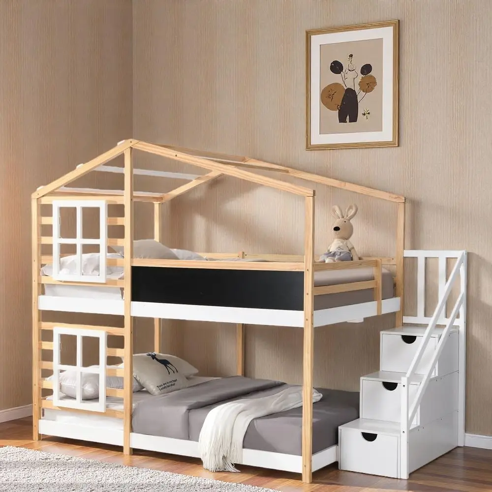 

Twin Over Twin Bunk Bed with Stairs, Playhouse Design, White & Natural Wood, Chalkboard, Kids' Enrichment