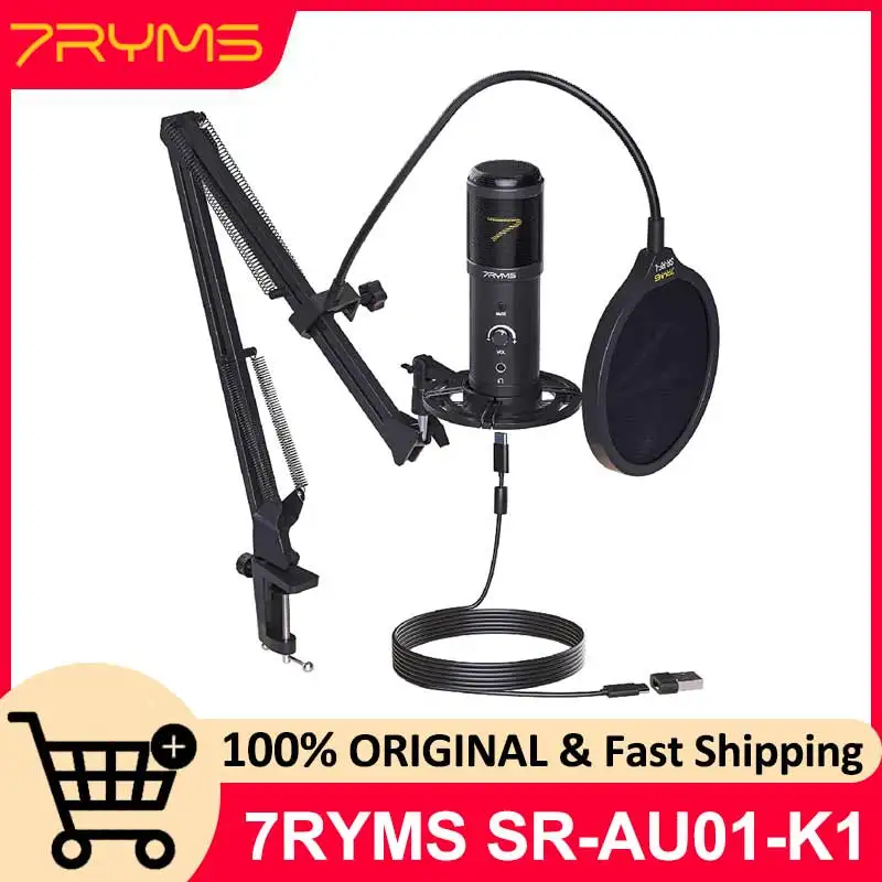 7RYMS SR-AU01-K1 USB Gaming Microphone Kit for PC,PS4/5 25mm USB Condenser Cardioid Mic Set with Mute Button/Arm Stand
