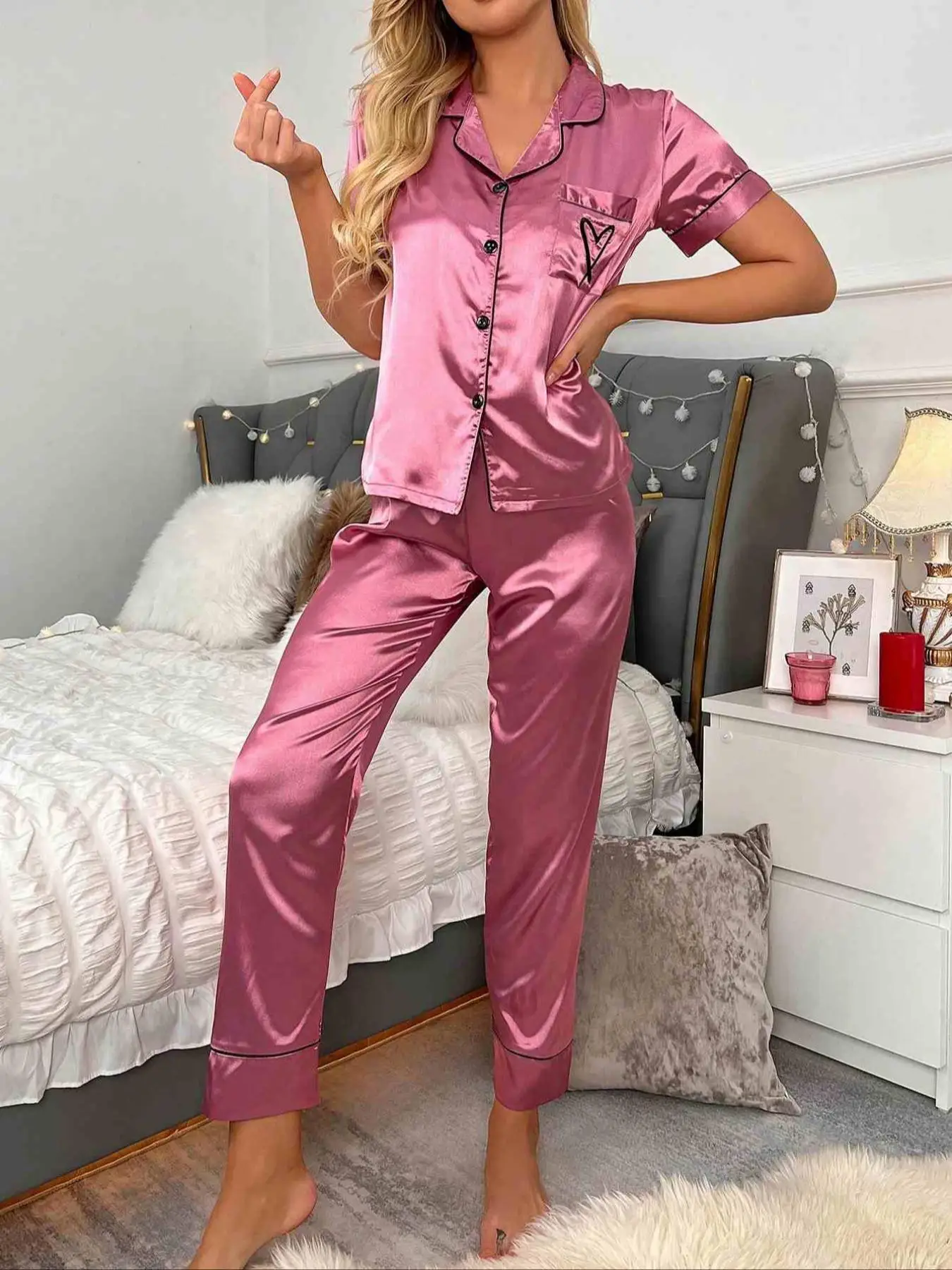 여성용 단색 버튼 프론트 파자마 투피스 세트, 편안한 파자마 세트, 반팔 라펠 넥 탑 & 반바지 파자마 세트, 여성용 잠옷