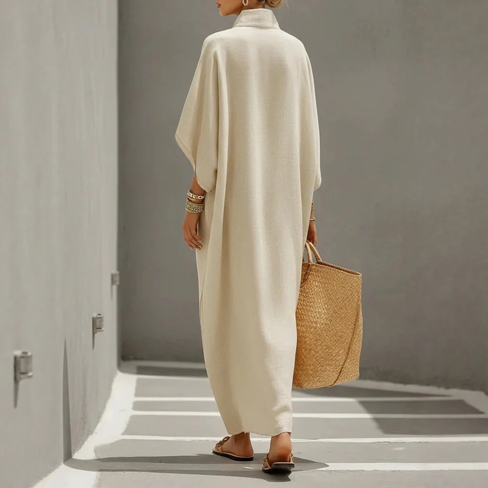 Women's Imitation Linen Batwing Sleeve Maxi Dress Vintage Stand Collar Half Button Pocket Loose Casual Summer Kaftan Dresses view 4