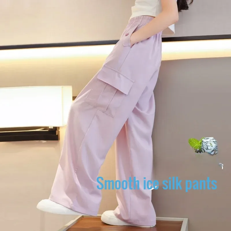 Kids Pants for Girls' Wide-leg Children's Ice Silk Overalls 2024 New Anti-mosquito Pants Sports Style Clothing To Wear Outside