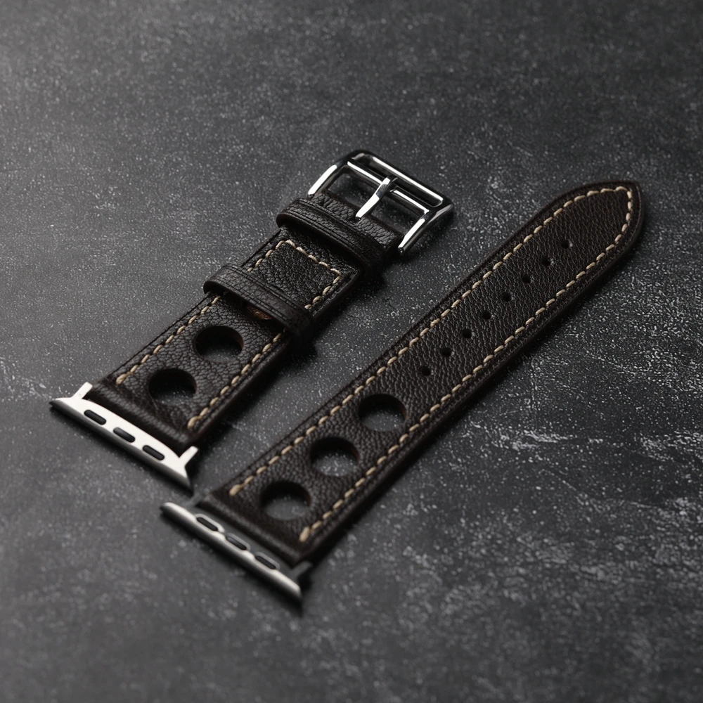 Handmade Brown Black Goatskin Bracelet 44mm 45mm 49mm FFor Apple Watch 8 Ultra Breathable Leather Strap