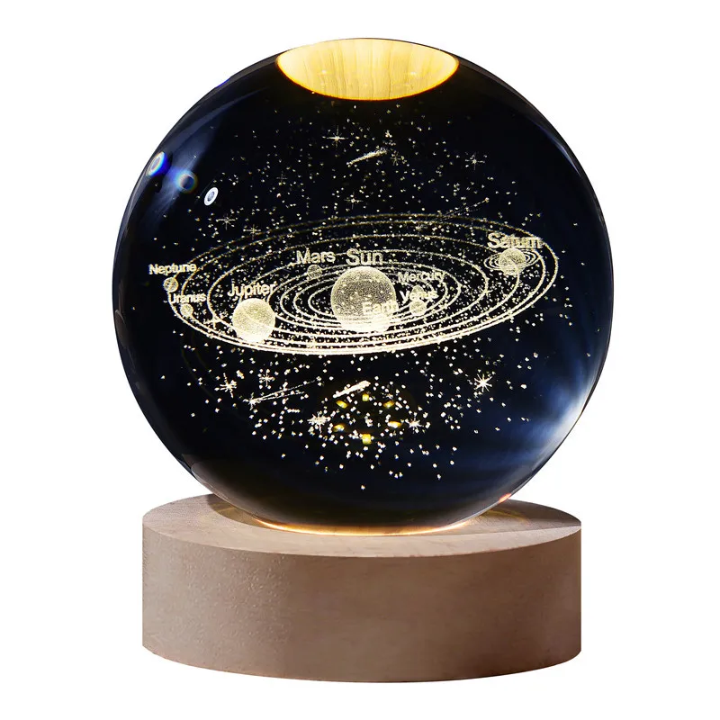 Luminous Crystal Ball LED Night Light Saturn Solar System 3D Moon Table Lamp USB Bedroom Atmosphere Lamp for Birthday Kid Gift