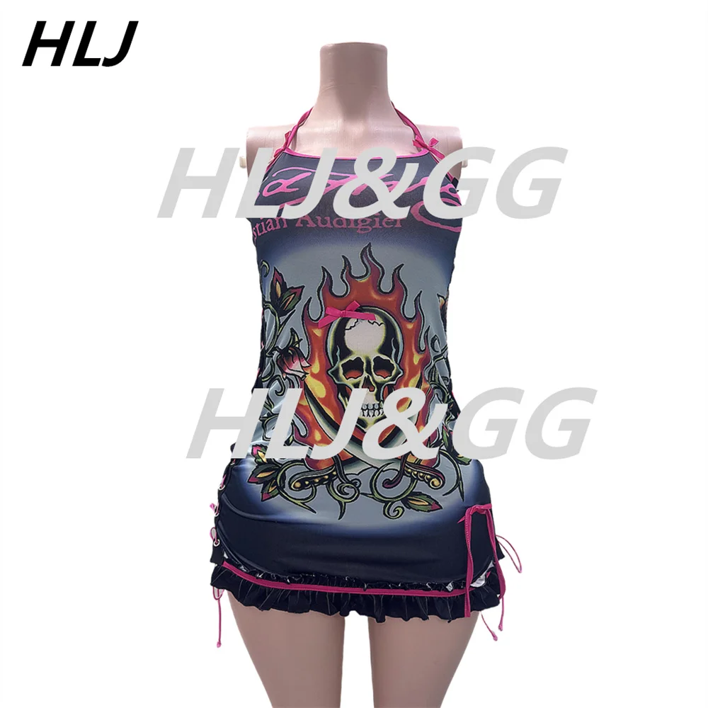 HLJ Y2K INS Trendy Skeleton Printing Halter Bandage Mini Dresses Women Bow Side Lace Up Bodycon Vestidos Sexy Party Clubwear